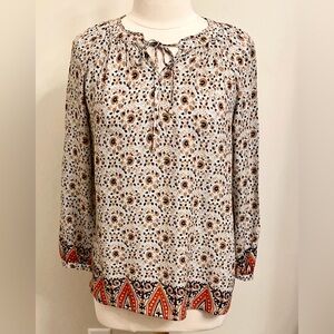 Lucky Brand Red Black Floral Ruffled Front Tie Up Long Sleeve Peasant Top Size S